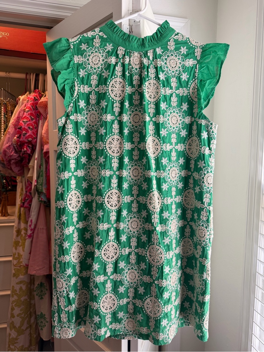 Green Crochet-Accent Mini Dress with Ruffle Sleeves 19”PTP and 34 in length. - Picture 1 of 4